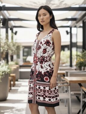 Vintage Leona Edmiston Floral Sleeveless Belted Button Down Cotton Dress Size XS